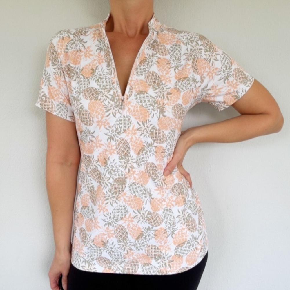 Coral Bay Golf white orange pineapple print quarter zip performance top size PM